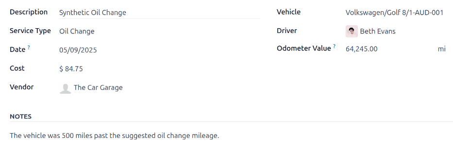 Proporcionar la información para un nuevo servicio. Los campos obligatorios son Tipo de servicio y Vehículo.