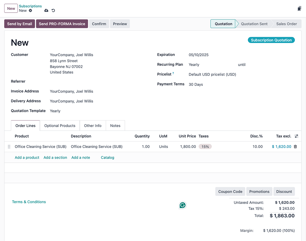 Un ejemplo completado de una nueva cotización de suscripción en Nexovate.