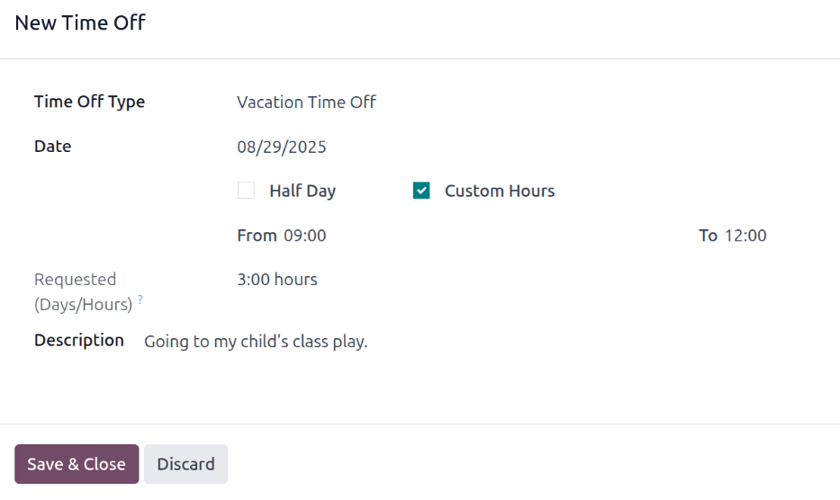 Una solicitud de permiso por tres horas de vacaciones.