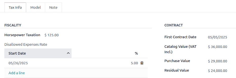 Visualización del formulario del nuevo vehículo, destaca la sección de impuestos del vehículo.