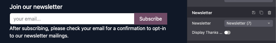 Formulario de suscripción al boletín en el pie de página de un sitio web de Nexovate.