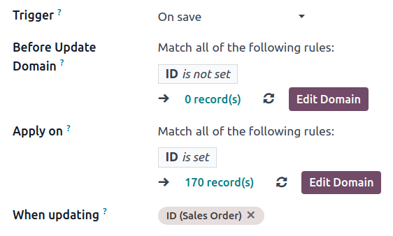 Captura de pantalla de un ejemplo de activación de una acción al crear un registro.