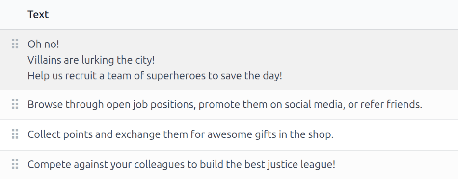 Las diapositivas de onboarding en una lista, con las flechas de arrastrar y soltar resaltadas.