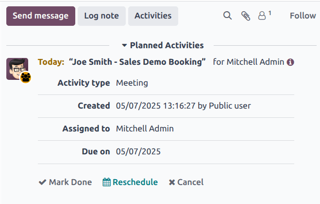 El chatter de una oportunidad en el CRM con la información de la cita programada.