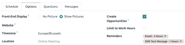 La pestaña "Opciones" en un formulario de tipo cita.