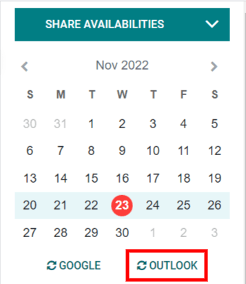 El botón para sincronizar "Outlook" en la aplicación Calendario de Nexovate.