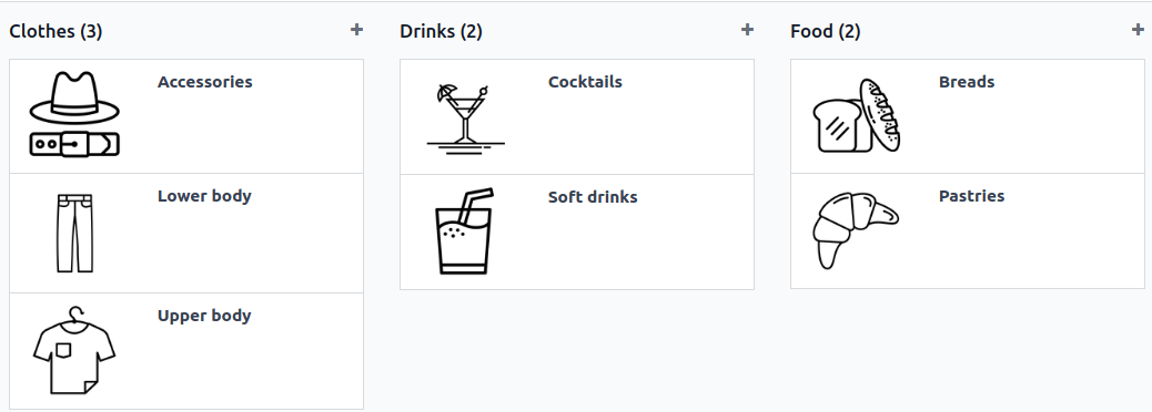 Las categorías de producto en el punto de venta están agrupadas por categorías principales.