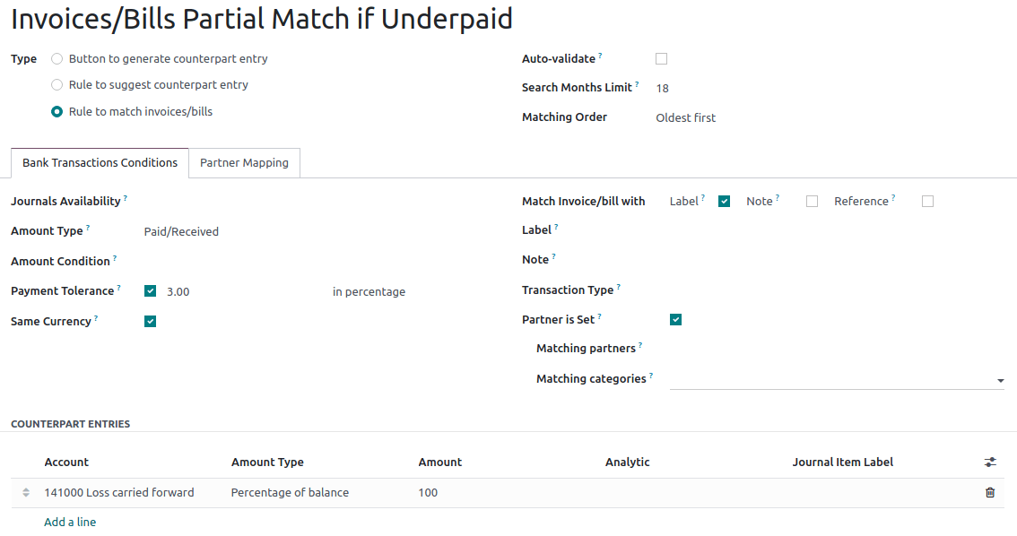Captura de pantalla de reglas específicas para activar la conciliación.