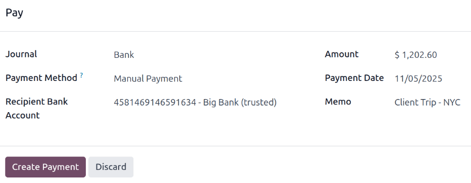 La ventana emergente de registro de pago con la información completa para reembolsar un reporte de gastos.