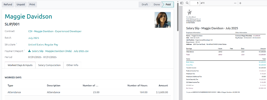 El nuevo recibo de pago se envía por correo electrónico al empleado y el correo electrónico aparece en el chatter.