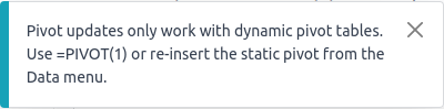 Mensaje de error que aparece en pantalla al intentar alterar la tabla dinámica estática.