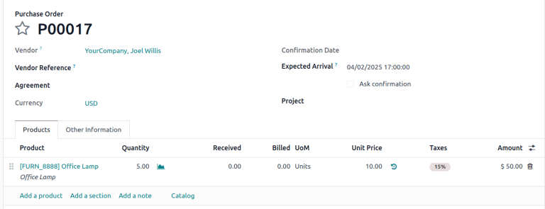 Orden de compra de ejemplo. El proveedor es Joel, que es la cuenta de usuario del portal del vendedor.
