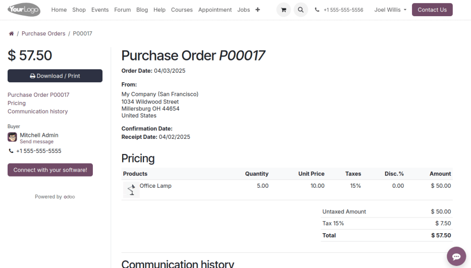 Vista del portal de la orden de compra, aparece el botón "Conecte su software".