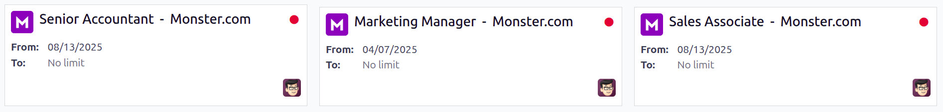 Todas las vacantes publicadas en una bolsa de trabajo.