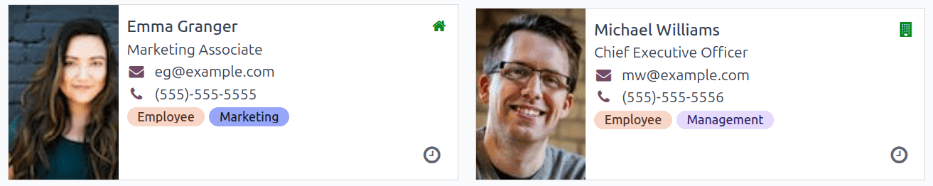 Captura de pantalla de dos tarjetas kanban de empleados donde se muestra su ubicación de trabajo y el estado.
