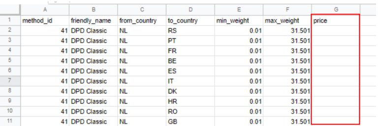 Visualización de un archivo CSV de contrato de muestra desde Sendcloud, la columna de precios aparece con una flecha roja.