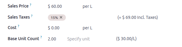Precio por unidad en el formulario del producto.