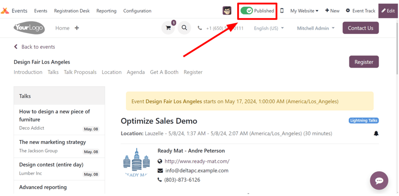 Las opciones de submenú de eventos relacionados con la sesión en un sitio web de eventos creado con la aplicación Eventos de Nexovate. 