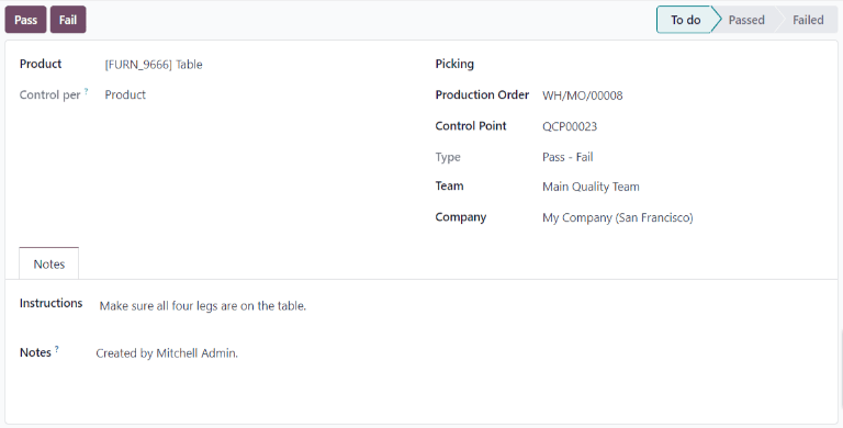 Un formulario de control de calidad completado para un control de tipo Aprueba - Falla.