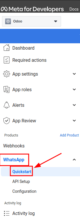 Asistente de quickstart de WhatsApp en Meta para de tablero de desarrollador.