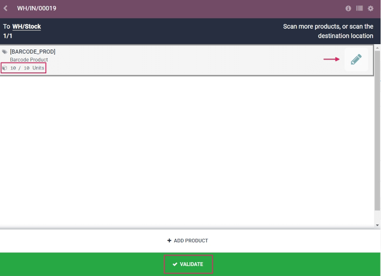 Resumen de las recepciones por validar en la transferencia.