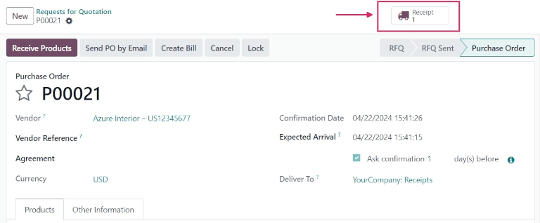 Después de confirmar una orden de compra, aparecerá un botón inteligente de recepción. 