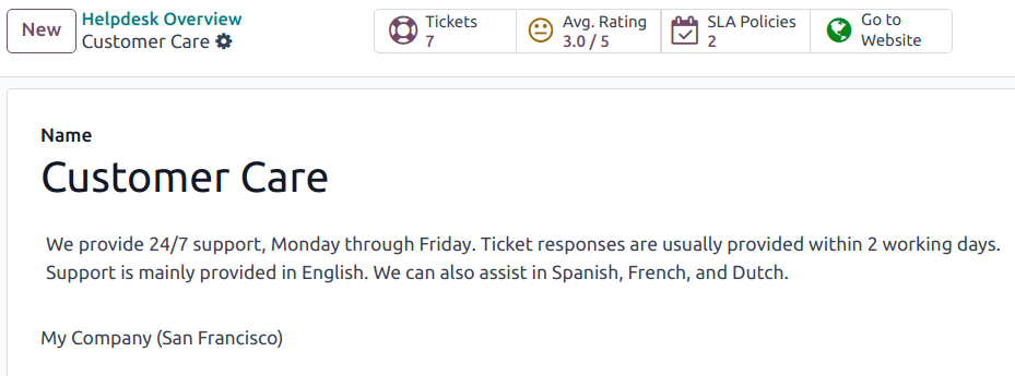 Vista de la página de ajustes de un equipo de servicio en la que se hace énfasis en el botón "Ir al sitio web" en la aplicación Soporte al cliente de Nexovate.
