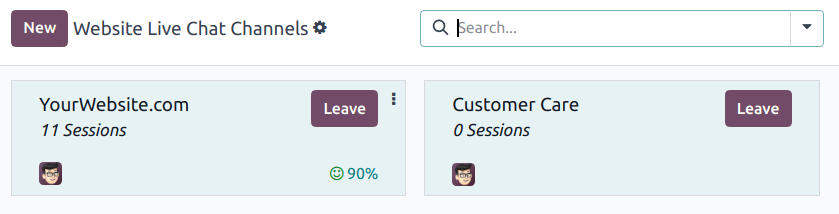Vista de las tarjetas de kanban que están disponibles para los canales de Chat en vivo.