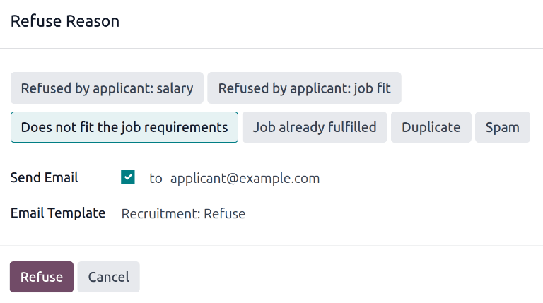 La ventana emergente de motivo  de rechazo que aparece al rechazar a un postulante.