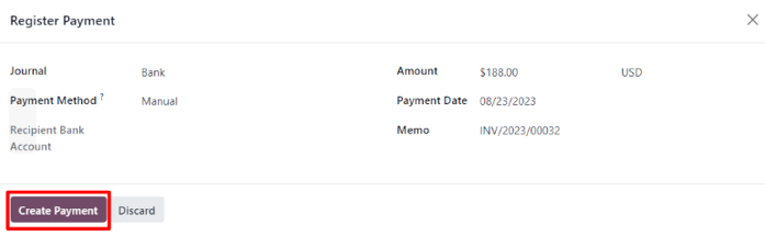 Una ventana emergente de registro de pago en una factura de cliente en la aplicación Ventas.