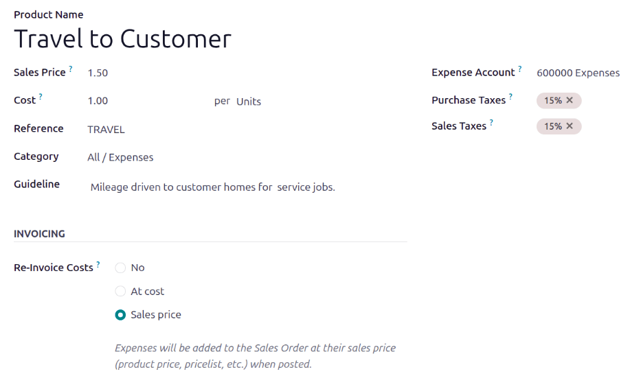 Una categoría de gastos para refacturar a los clientes y pagar a los técnicos.