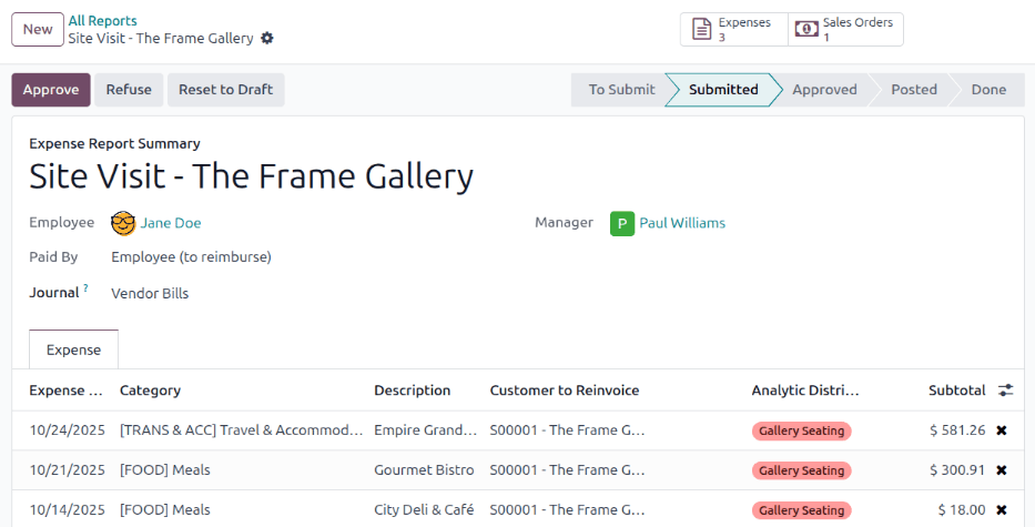 Un reporte de gastos con un botón inteligente de orden de venta para volver a facturar.