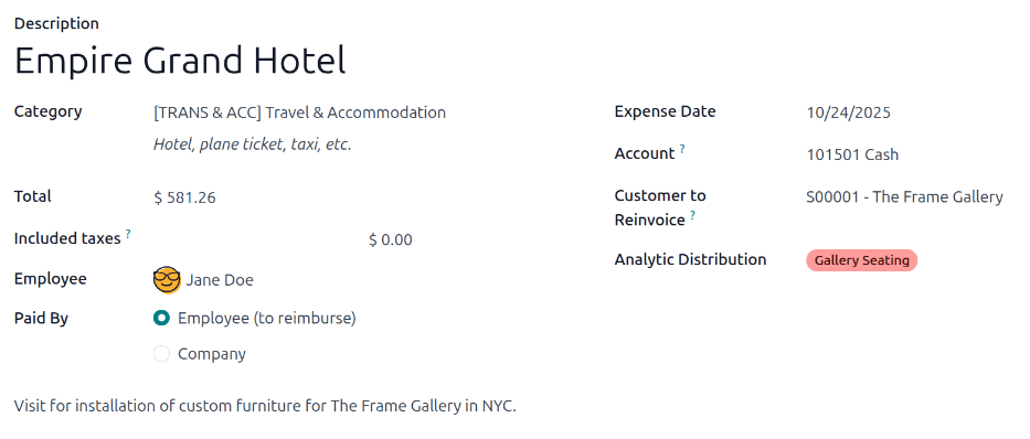 Un registro de gasto para refacturar un proyecto al cliente, para el proyecto de asientos de una galería.