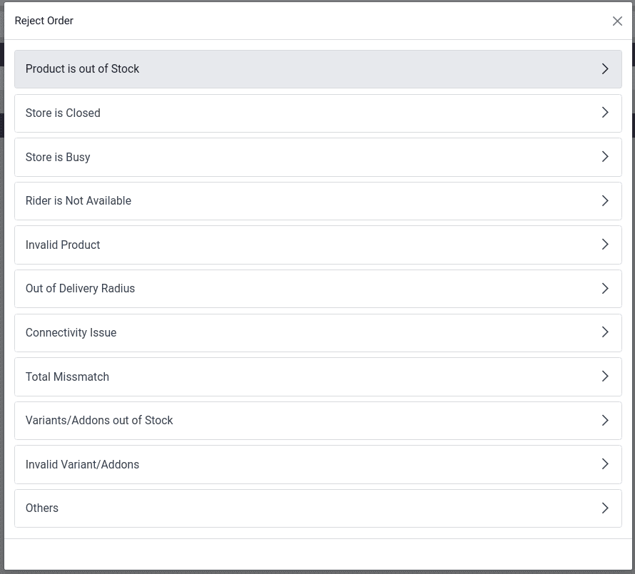 Ventana emergente para rechazar órdenes.
