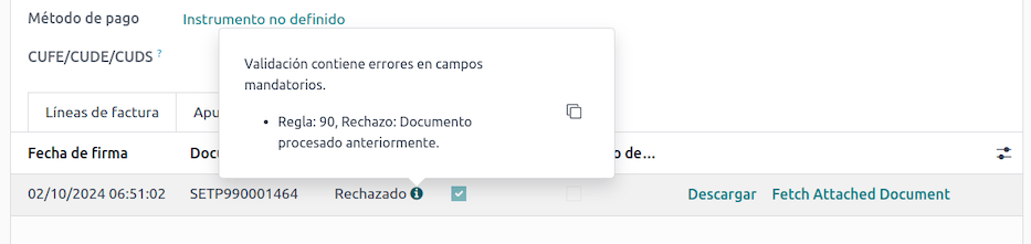 Ejemplo de mensajes de error en las facturas rechazadas.