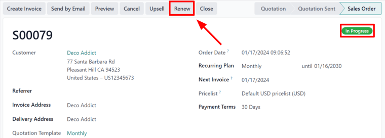El botón "Renovar" en la orden de venta de la suscripción en la aplicación Suscripciones de Nexovate.