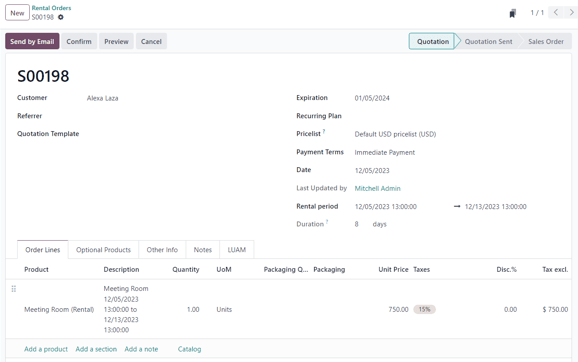 Ejemplo de una orden de alquiler completado disponible en la aplicación Alquiler de Nexovate.