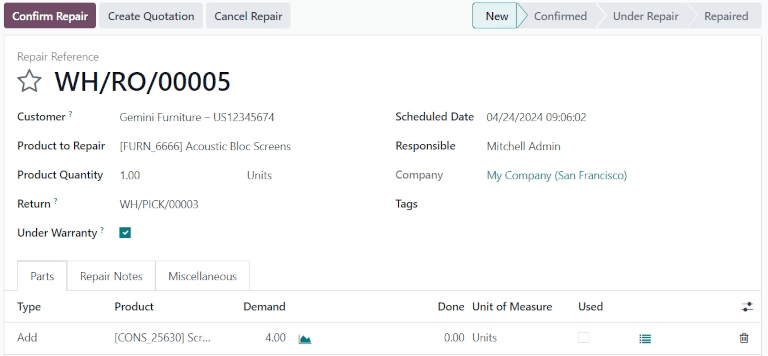 Lado derecho del formulario de la orden de reparación en blanco.