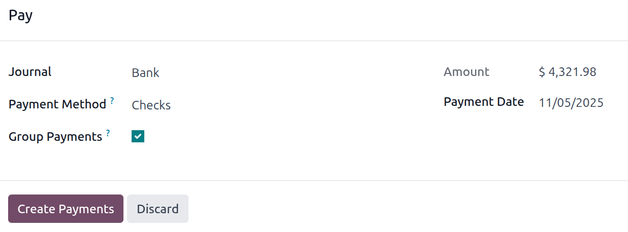 La ventana emergente de pago completada para varios reembolsos a través de cheques.