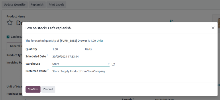 Ventana emergente para reabastecer desde el formulario del producto.