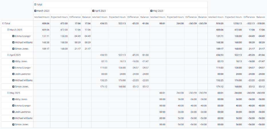 La vista de reporte predeterminada, todos los botones de vista opcionales aparecen dentro de un recuadro rojo.