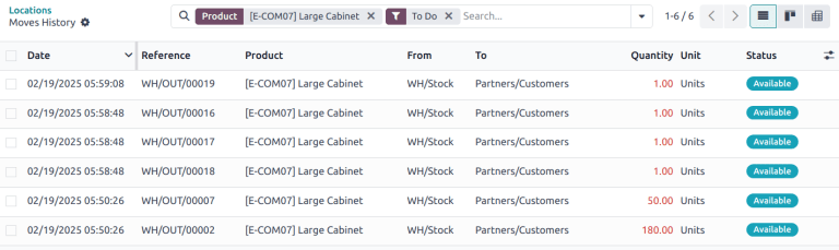 Mostrar la página *Historial de movimientos* de las entregas pendientes que reservaron el producto.