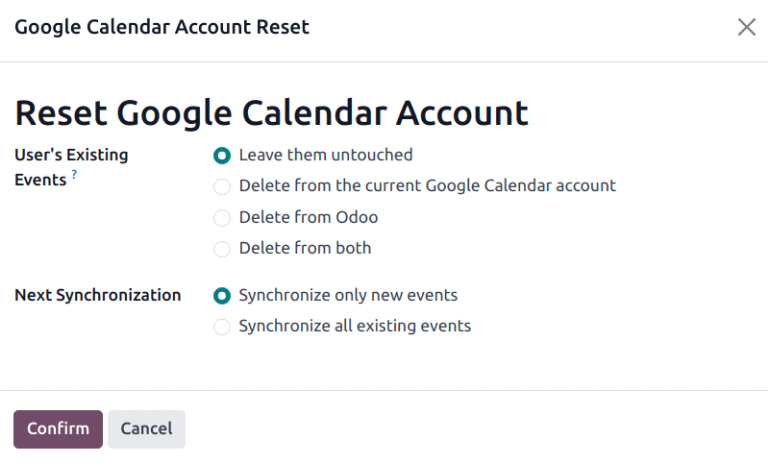 Opciones de restablecimiento para Google Calendar en Nexovate.