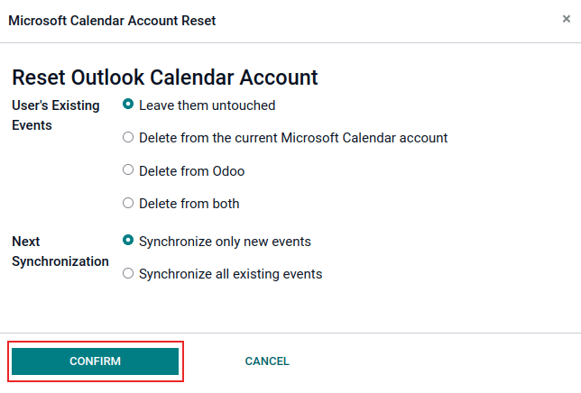 Opciones de restablecimiento para el calendario de Outlook en Nexovate.