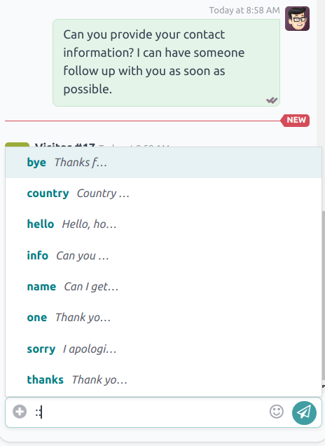 Vista de una ventana de chat y la lista de respuestas predefinidas disponibles.