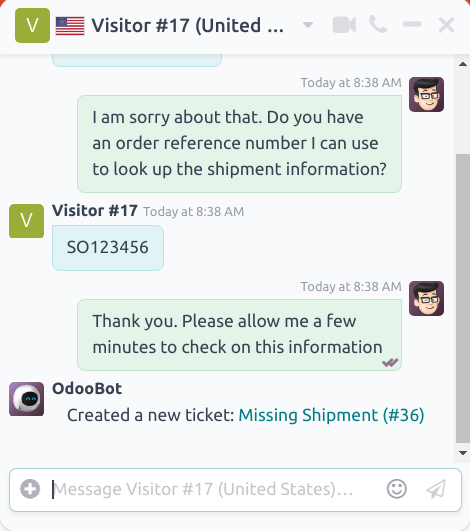 Vista de la ventana de chat con un ticket de soporte al cliente creado mediante la aplicación Chat en vivo de Nexovate.
