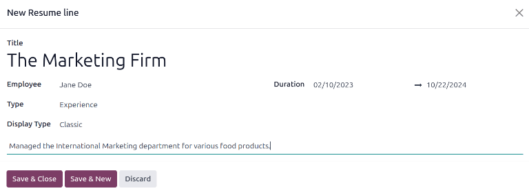 Un formulario de currículum con toda la información completa.