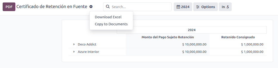Reporte de Certificado de retención en fuente en la aplicación Contabilidad de Nexovate.