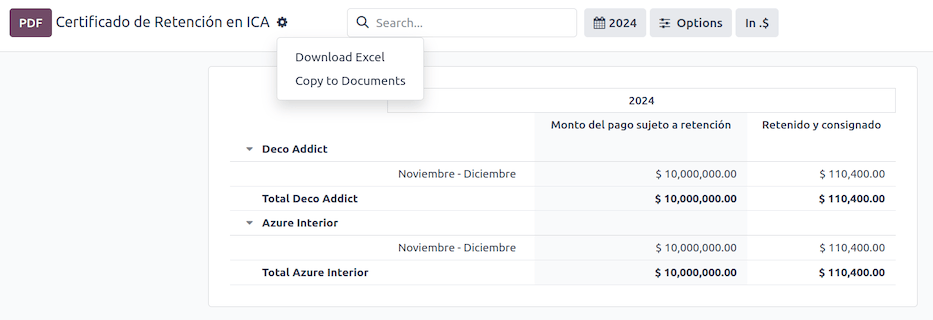 Reporte de Certificado de retención en ICA en la aplicación Contabilidad de Nexovate.