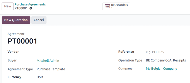 El botón inteligente de solicitud de cotización en la plantilla de compra.